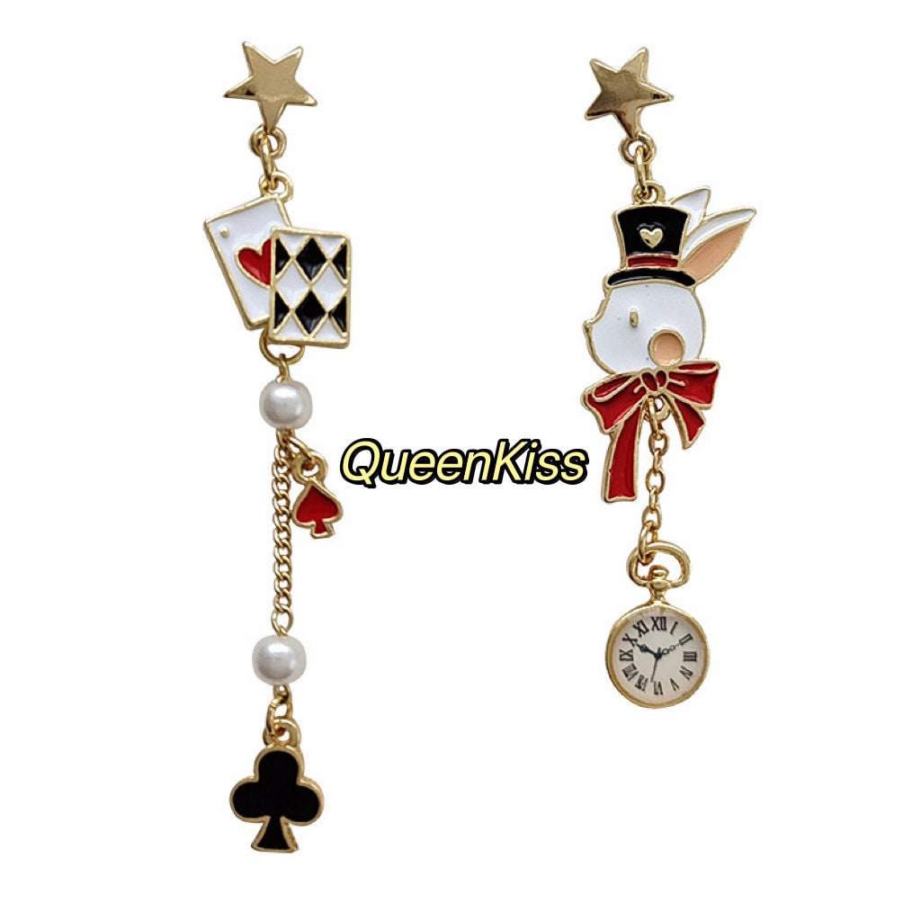Super Cute Wonderland Bunny Rabbit Clock and Ace Card Enamelled Earrings -- Hide and Seek!!