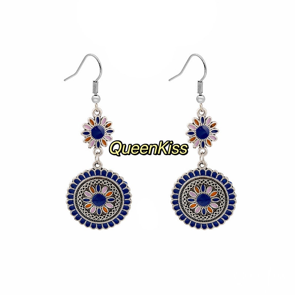 Enamel Pink Blue Orange Flowers Dangle Earrings -- Fairy Lady!!