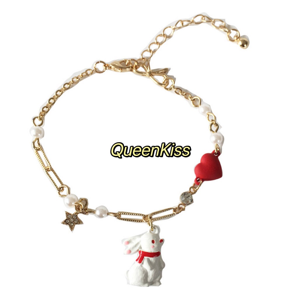 Cute Adorable Princess Theme Bracelet Rabbit Bunny Red Heart Star Pearl Adjustable Length Lovely Bracelet - Bunny You And Me!
