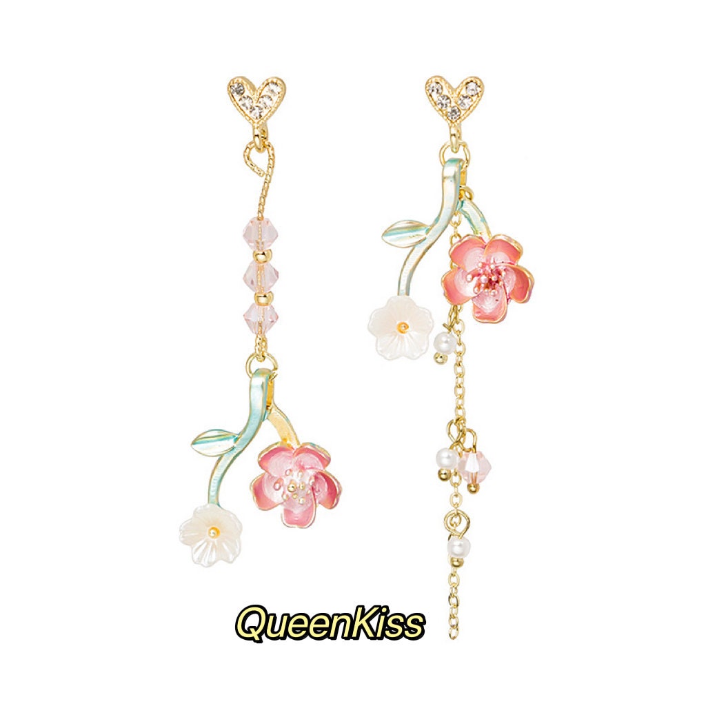 Enamel Pink Green Leaves Pink White Flowers Dangle Earrings -- Fairy Lady!!