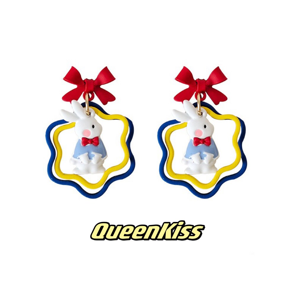 Super Cute Bunny Rabbit and Red Bowknot Love Earrings -- Be Happy!!
