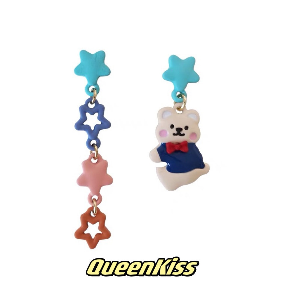 Super Cute Bear and Stars Blue Peach Yellow Earrings -- Cutie Baby!!