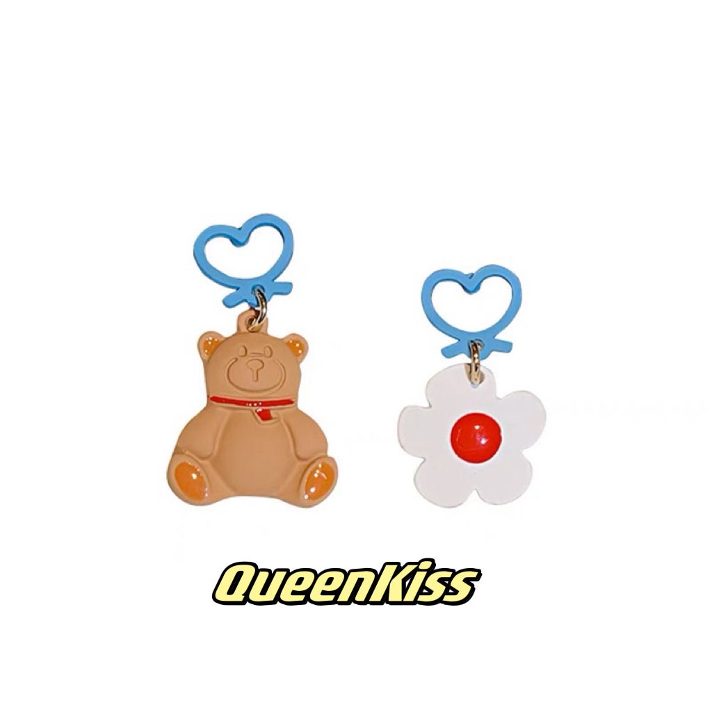Super Cute Bear and White Flower Love Earrings -- I Love You!!