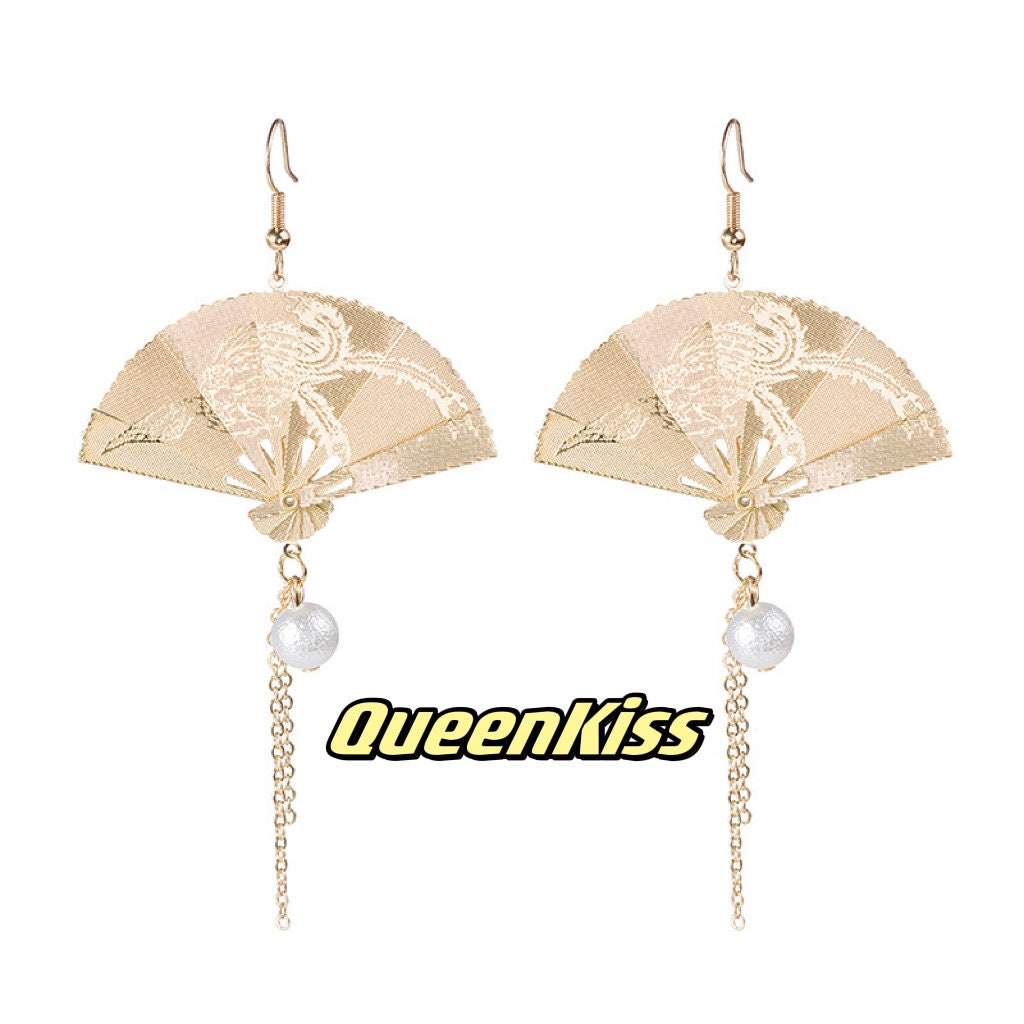Super Cute Foldable Japanese Style Gold Japanese Fan Earrings -- Nihon Ogi!!