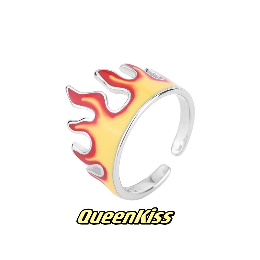Cool Vintage Fire Red Yellow Silver Adjustable Ring