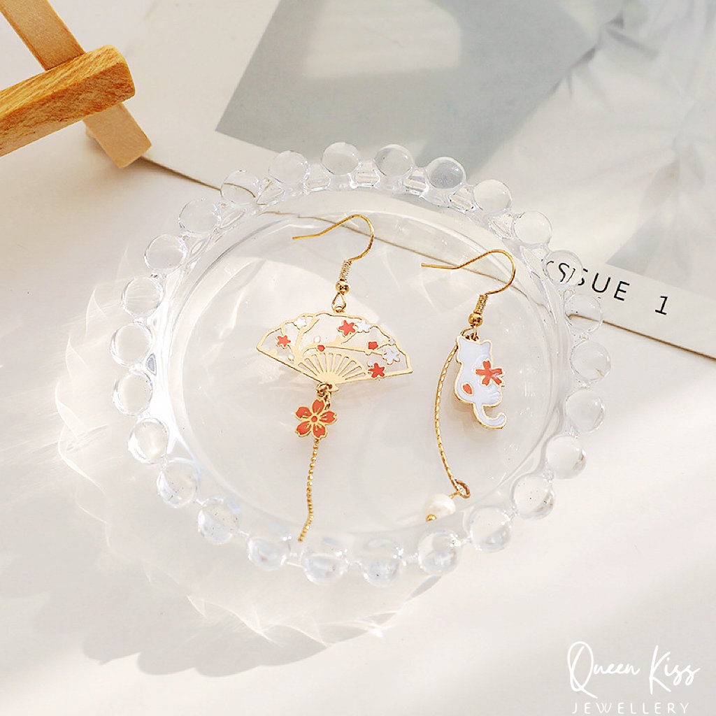 Super Cute Japanese Style Cat and Japanese Fan Earrings -- Peace of Love!!