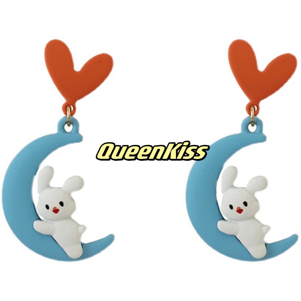 Super Cute Bunny Lay Down on the Moon and Heart Love Earrings -- Sleep Well!!