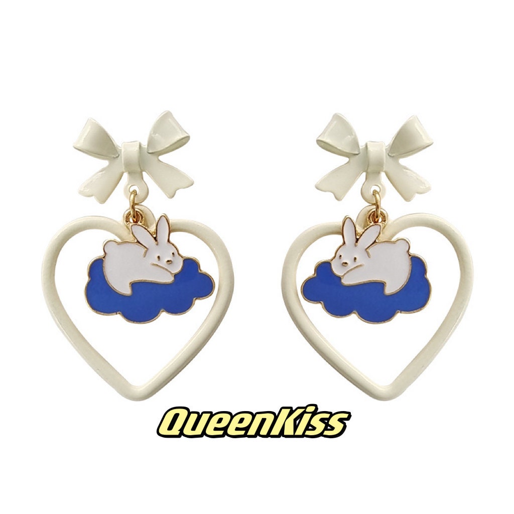 Super Cute Bunny Lay Down on the Cloud and Bowknot Love Earrings -- Paradise!!