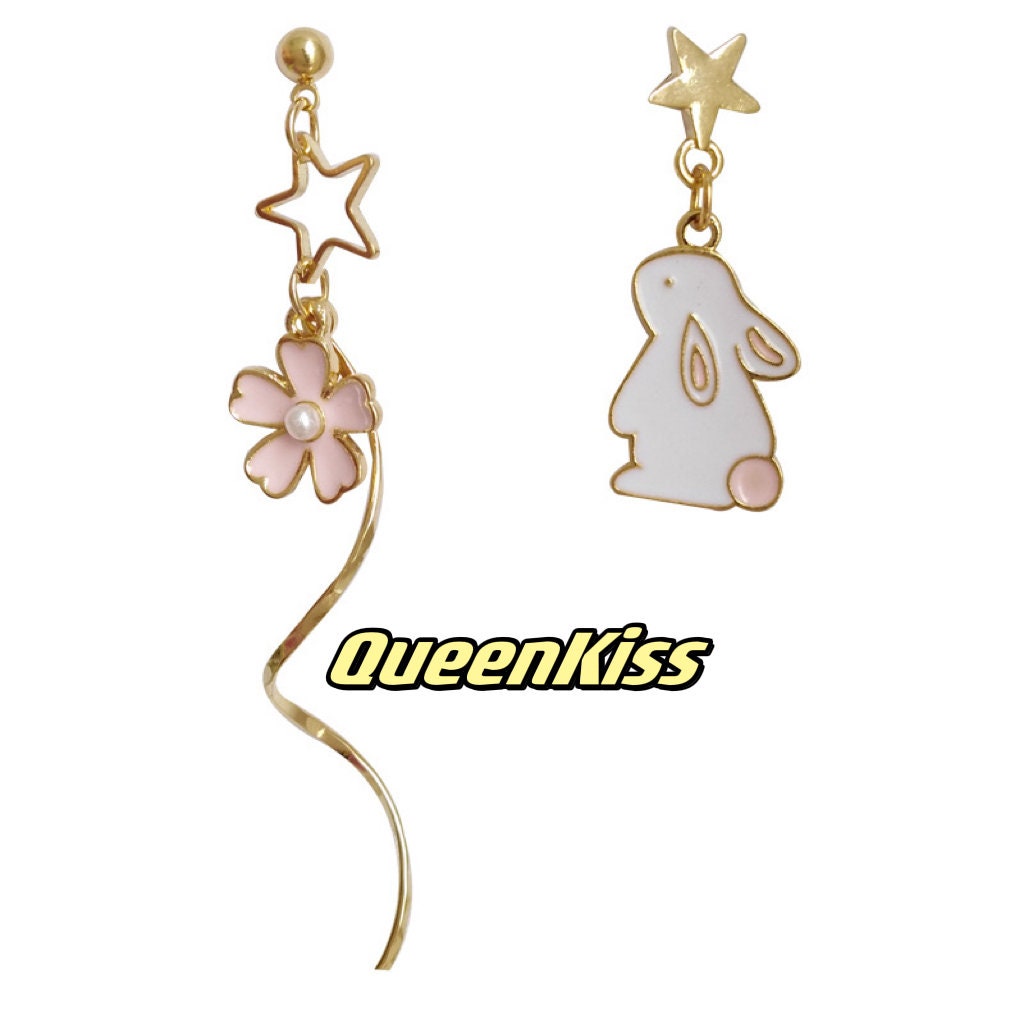 Super Cute Rabbit Bunny and Pink Flower Stars Earrings -- Angel of Mine You Are!!