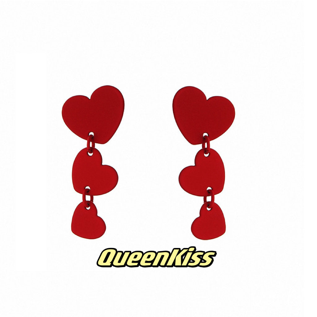 Red Chain Heart Women Earrings -- Simple Red!!
