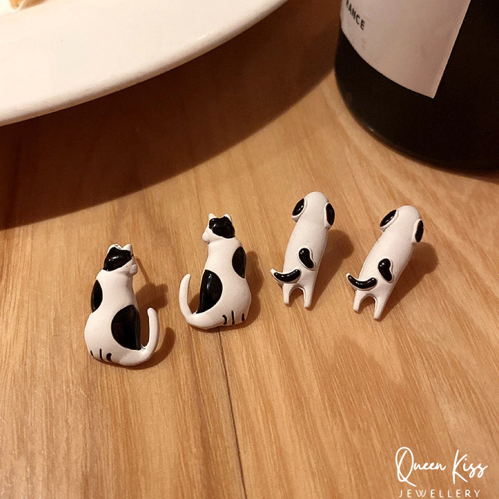 Enamel Handmade Cute Adorable Black and White Cat Panda and Dog Studs Earrings -- Kawaii Family!!