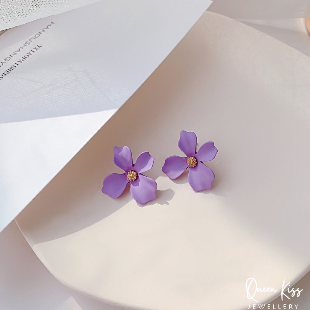 Enamel Matt Cute Adorable Purple 3D Flower Floral Studs Earrings -- Sexy Baby!!