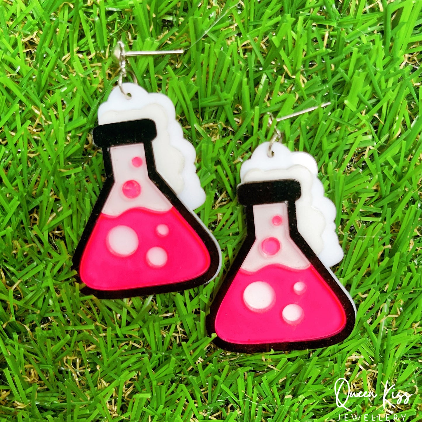 Super Light Acrylic Quirky Pink Bubbling Lab Glass Bottle Earrings - Funny Chemical!!
