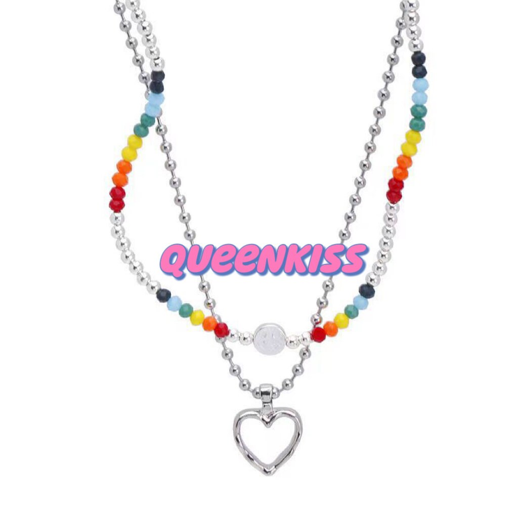 Adorable Cute Two Layers Colorful Beads Smiley Face and Heart One Set Silver Necklace -- Smiley Everyday!!