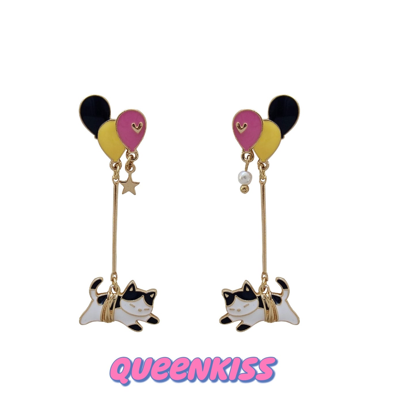 Super Cute Flying Floating Kitty Cat and Ballon Earrings -- Take Me to The Sky!!