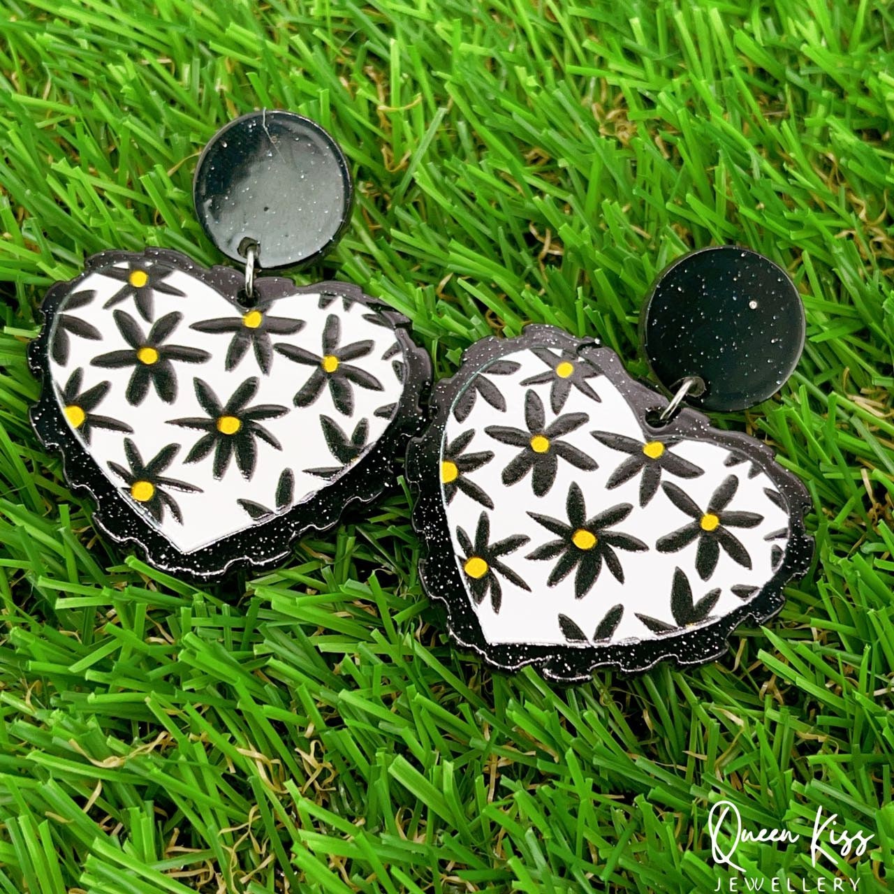 Cute Light Trendy Special Art Pattern Flower Black Heart Shape Earrings - Party Baby!!