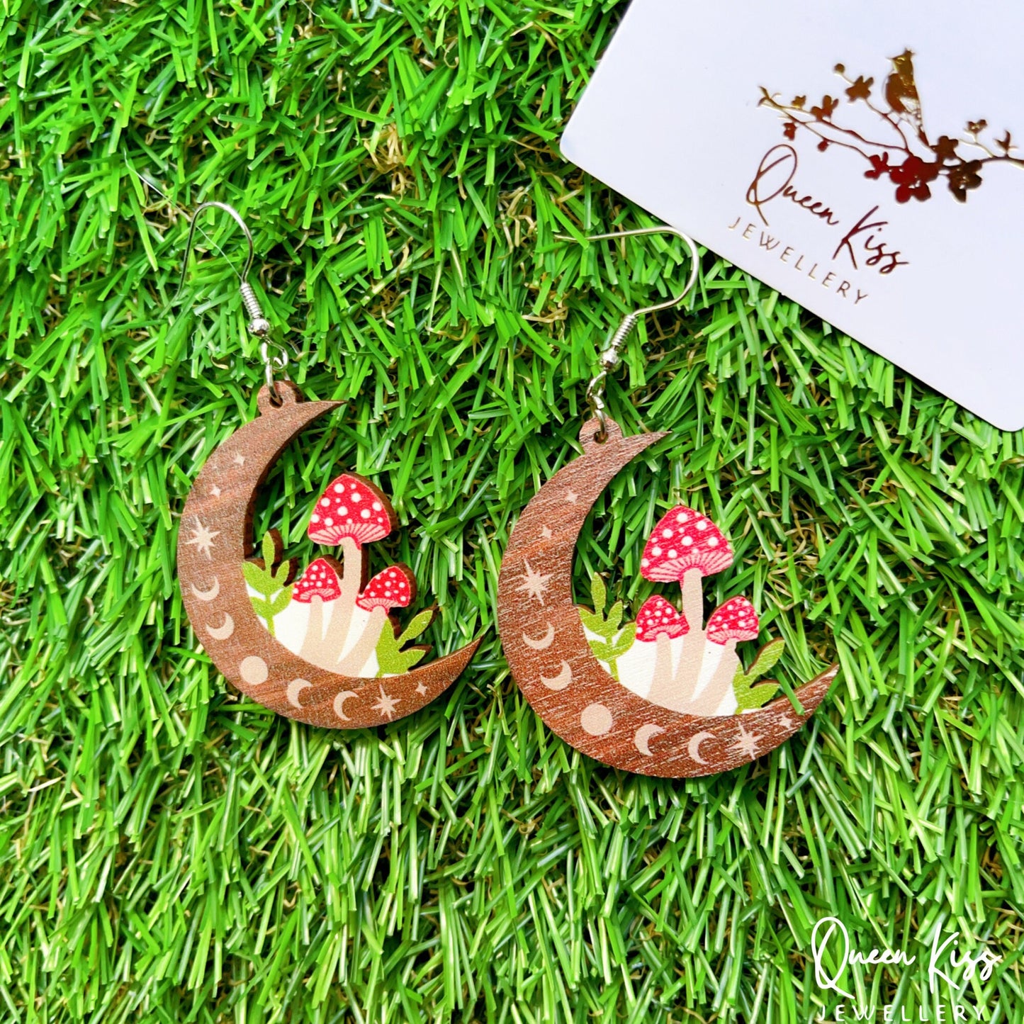 Super Light Wood Cute three Mushrooms Planting on the Moon Earrings - Mushroom and My Moon!!