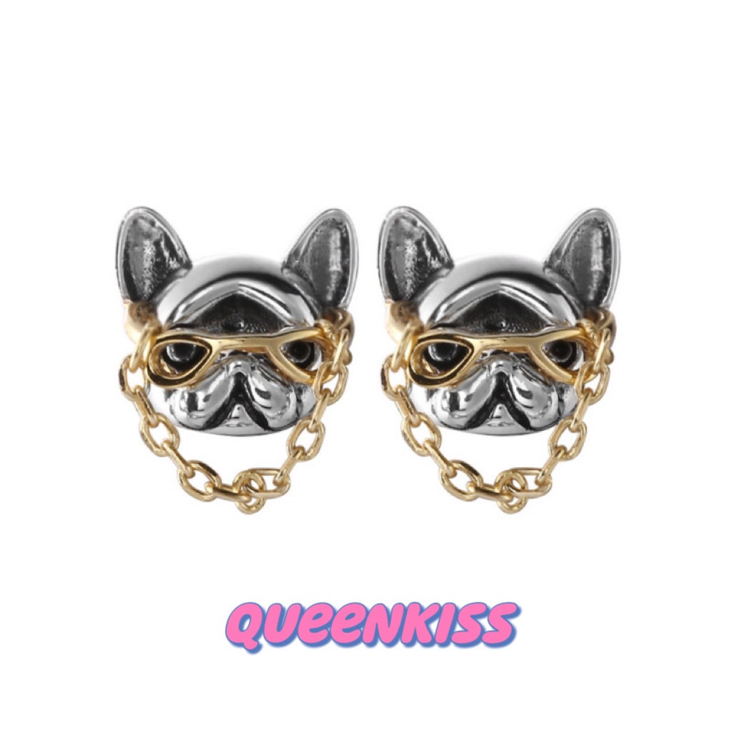 Sterling Silver 925 Stud Earrings Cute French Bull Dog Wearing Gold Glasses Stud Earrings Modern Studs Minimal Stud Earrings Gift for her