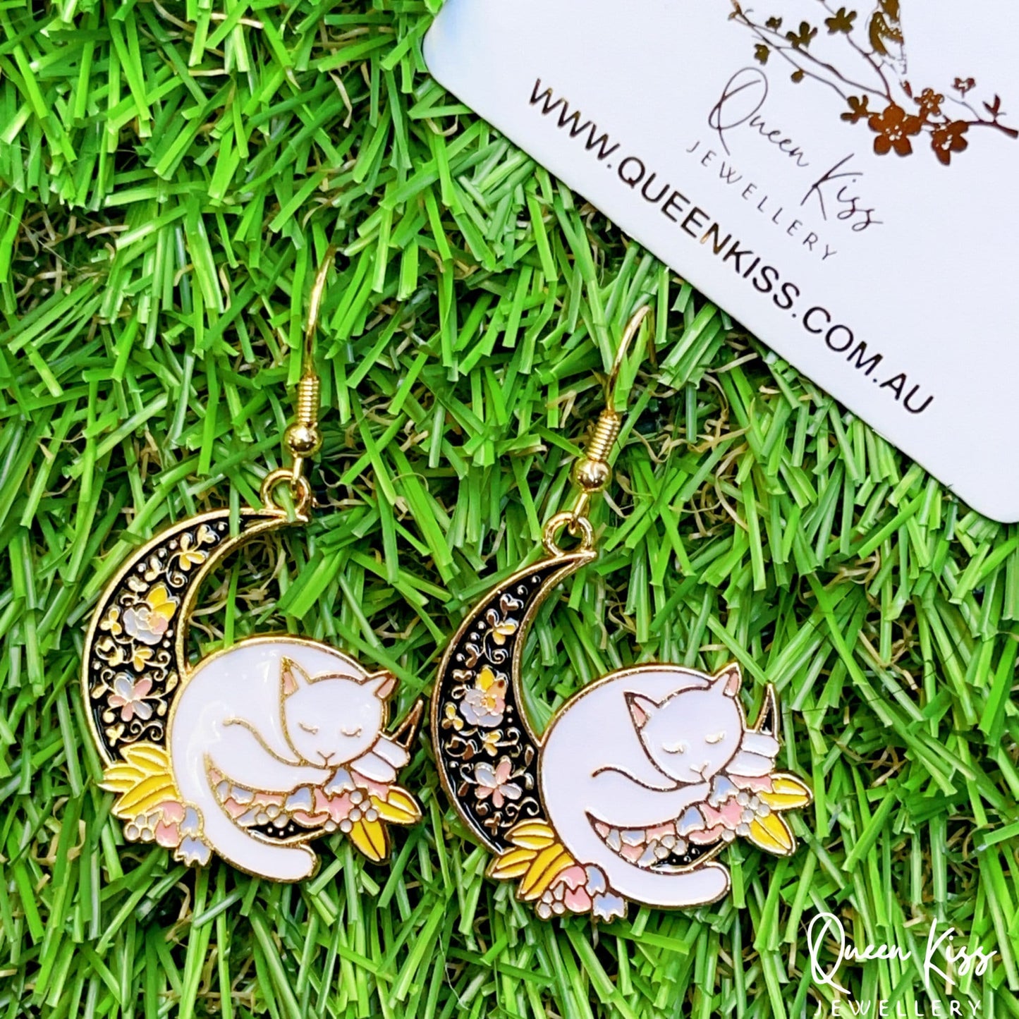 Super Cute Kitty Cat Resting On the Moon Earrings -- In the Name of Moon!!