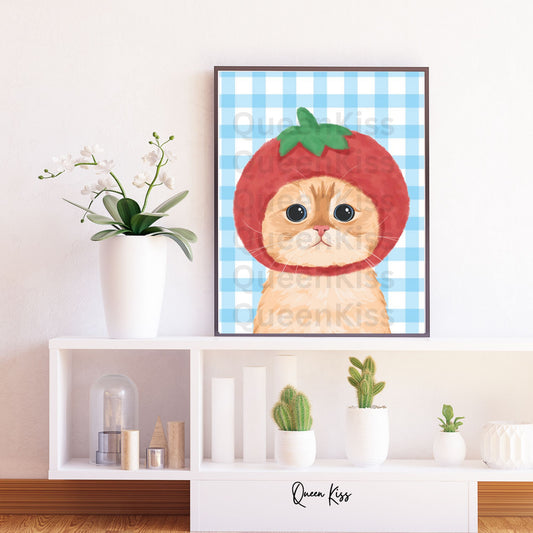 Whimsical Cute Tomato Cat Art, Whimsical Digital Download, Cozy Kitty Wall Decor, Instant Printable Illustration Modern Home -Meowville