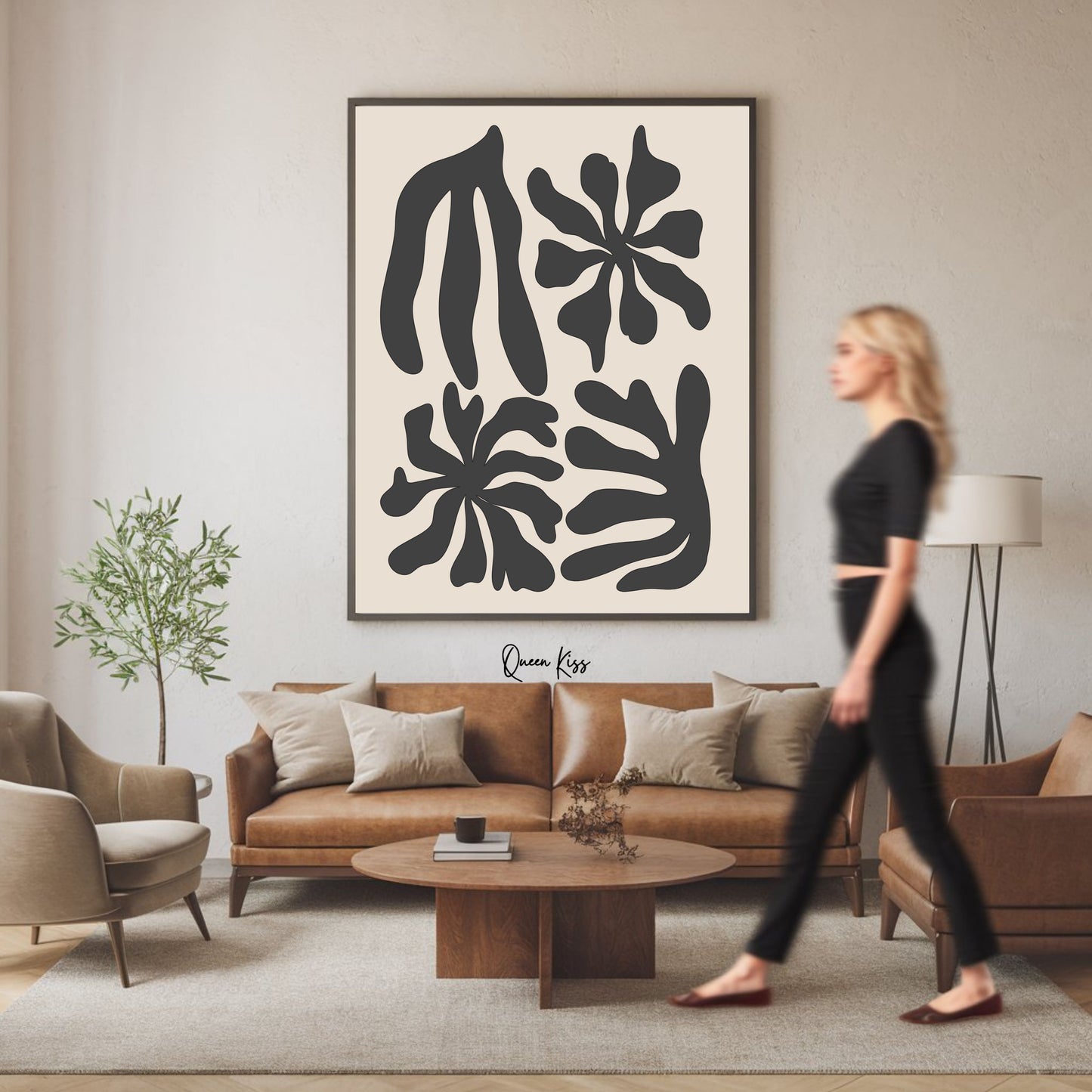 Abstract Black Beige Botanical Blossoms Wall Art, Minimalist Instant Printable Poster, Modern Home Aesthetic Decor, Boho Nature Inspired Art