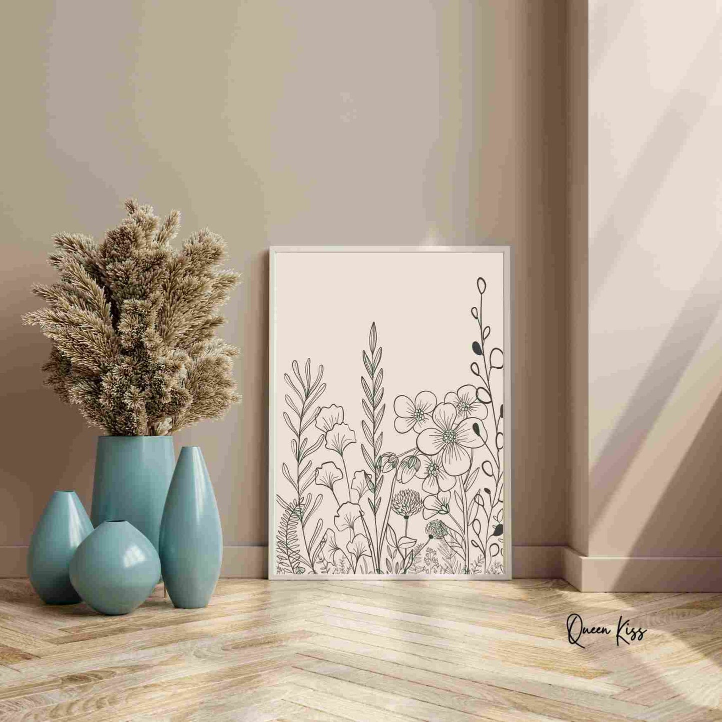 Botanical Black Beige Wildflower Line Art, Minimalist Instant Printable Poster, Modern Home Aesthetic Decor, Boho Nature Inspired Art