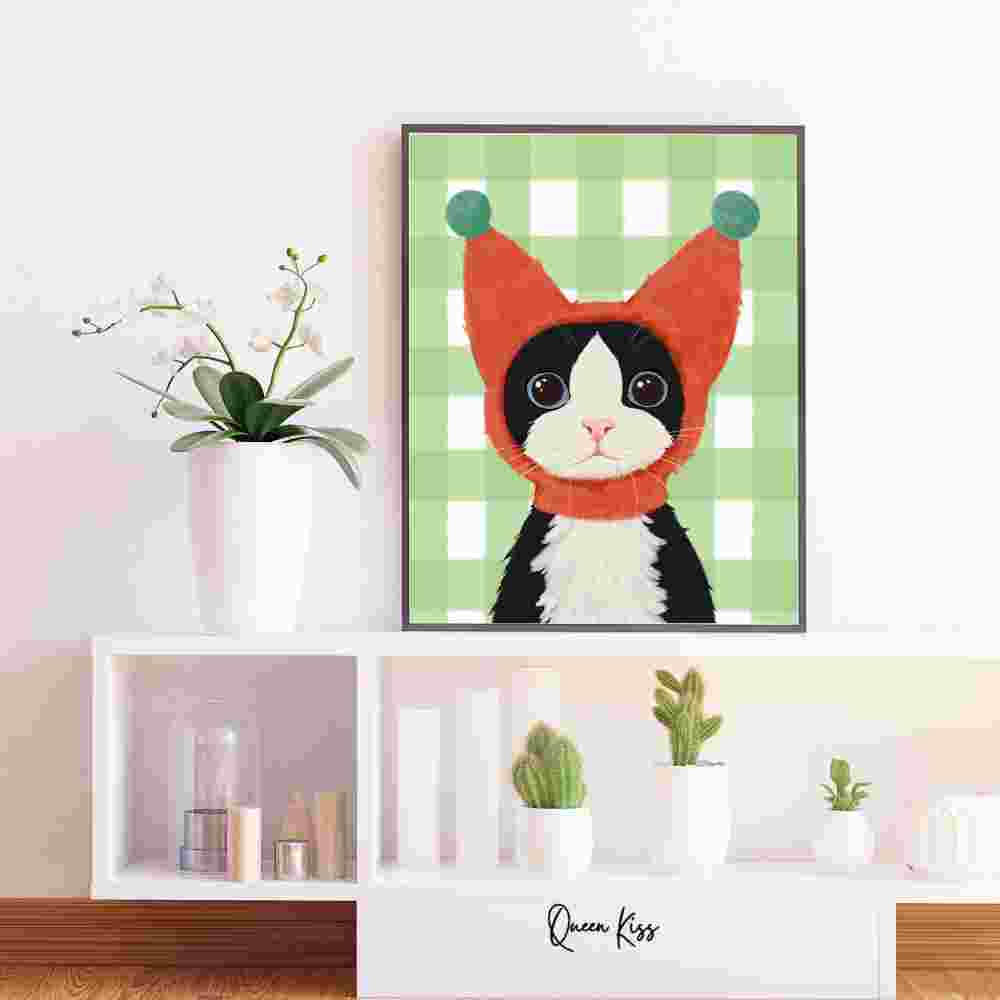 Whimsical Cute Tuxedo Cat Wall Art, Whimsical Digital Download, Cozy Kitty Wall Decor, Instant Printable Illustration Modern Home -Meowville