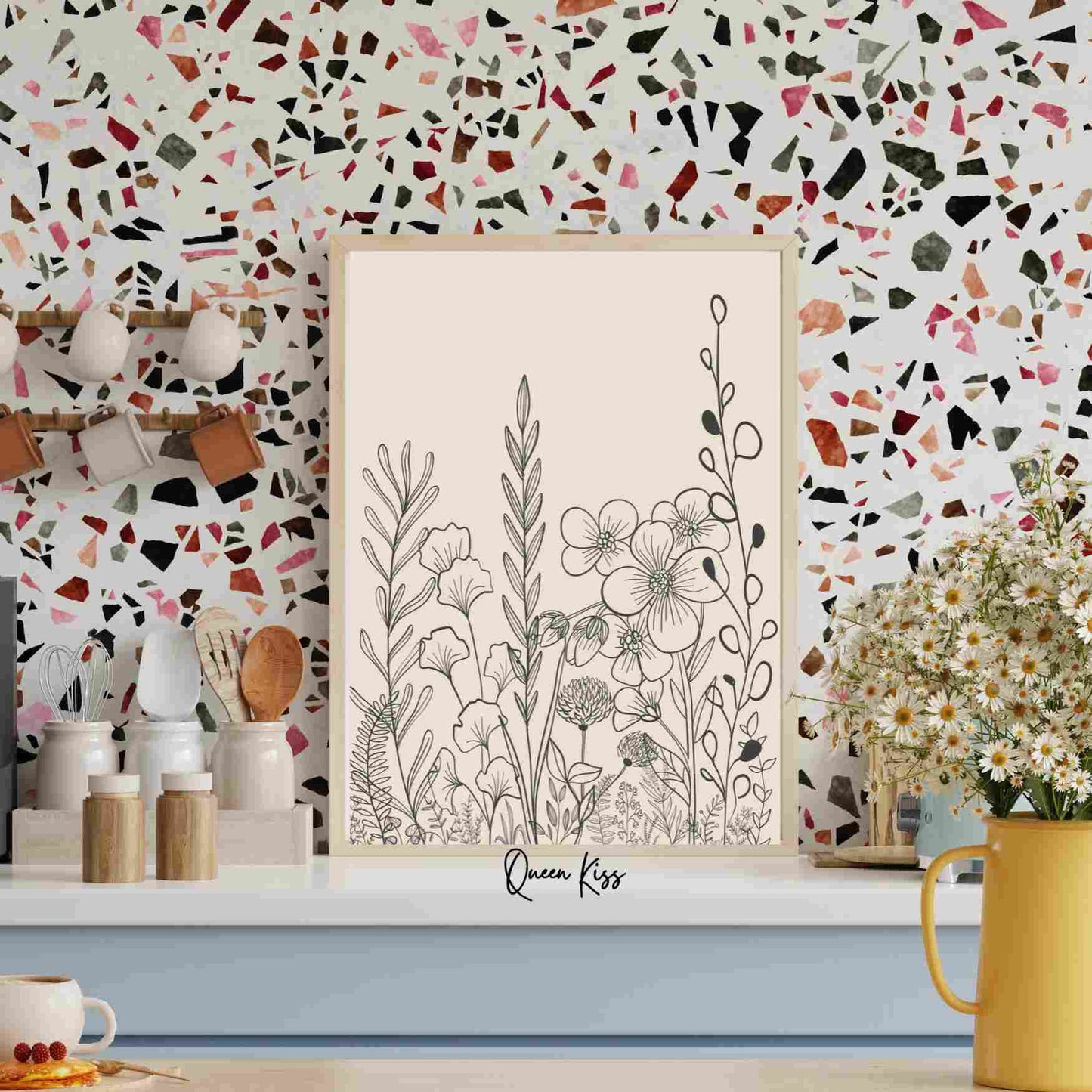 Botanical Black Beige Wildflower Line Art, Minimalist Instant Printable Poster, Modern Home Aesthetic Decor, Boho Nature Inspired Art