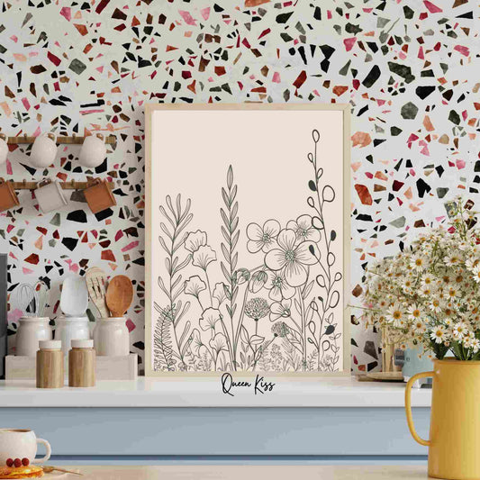 Botanical Black Beige Wildflower Line Art, Minimalist Instant Printable Poster, Modern Home Aesthetic Decor, Boho Nature Inspired Art