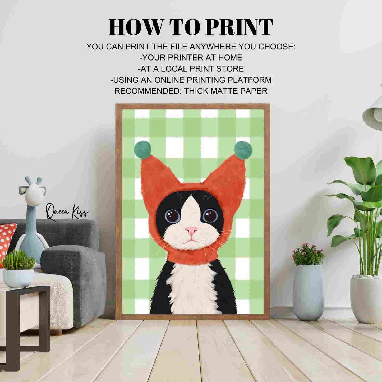 Whimsical Cute Tuxedo Cat Wall Art, Whimsical Digital Download, Cozy Kitty Wall Decor, Instant Printable Illustration Modern Home -Meowville