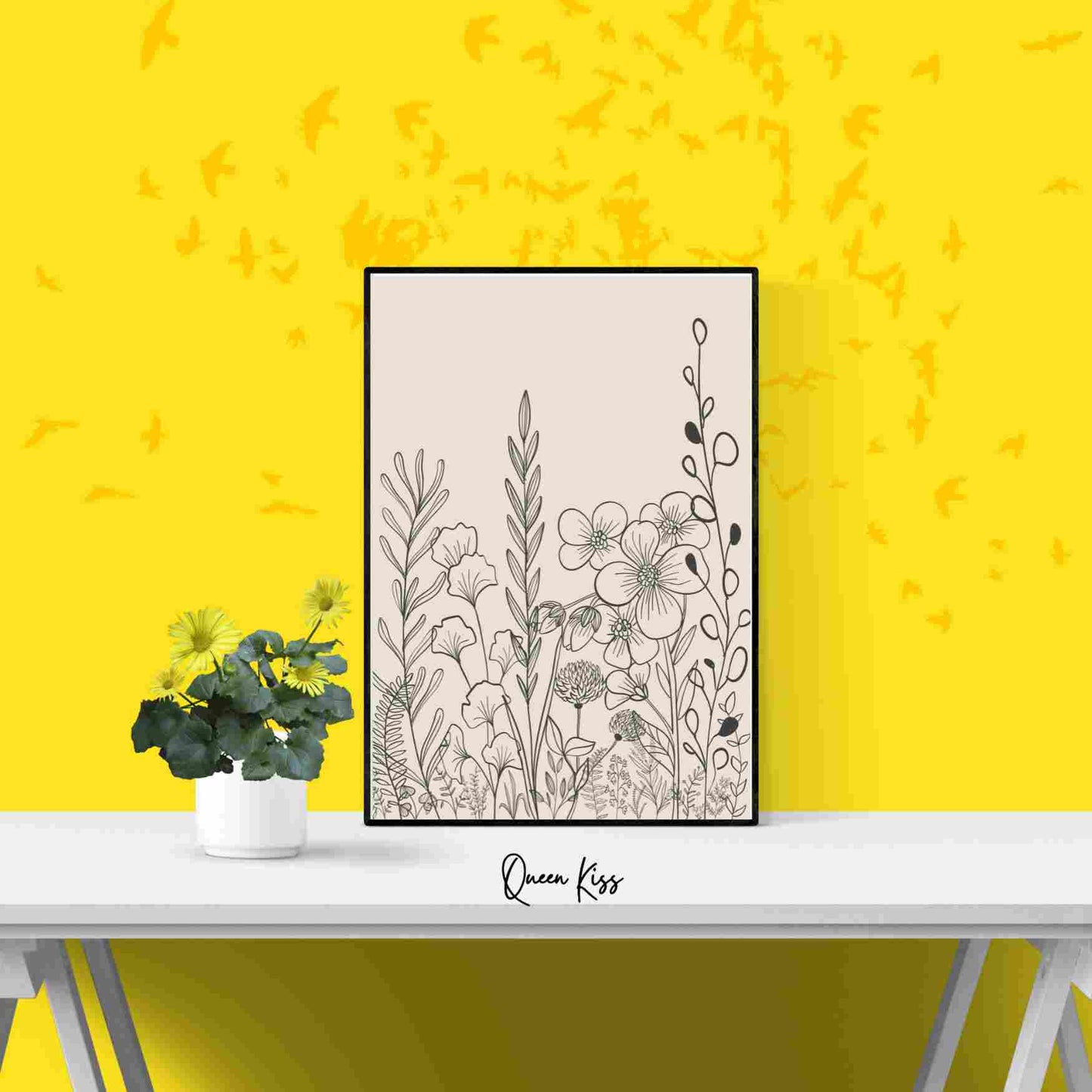 Botanical Black Beige Wildflower Line Art, Minimalist Instant Printable Poster, Modern Home Aesthetic Decor, Boho Nature Inspired Art