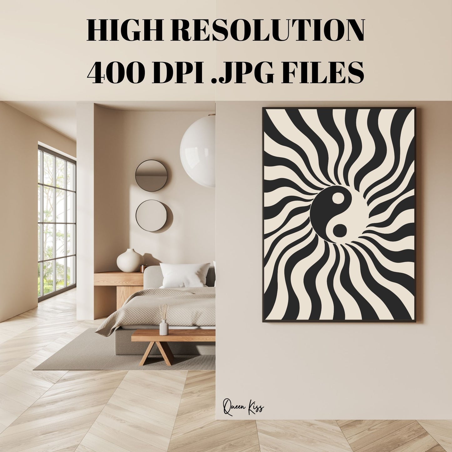 Abstract Black Beige Yin Yan Retro Wall Art, Minimalist Instant Printable Poster Art, Modern Home Aesthetic Decor, Boho Nature Inspired Art