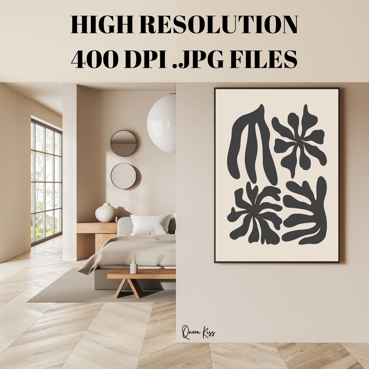 Abstract Black Beige Botanical Blossoms Wall Art, Minimalist Instant Printable Poster, Modern Home Aesthetic Decor, Boho Nature Inspired Art