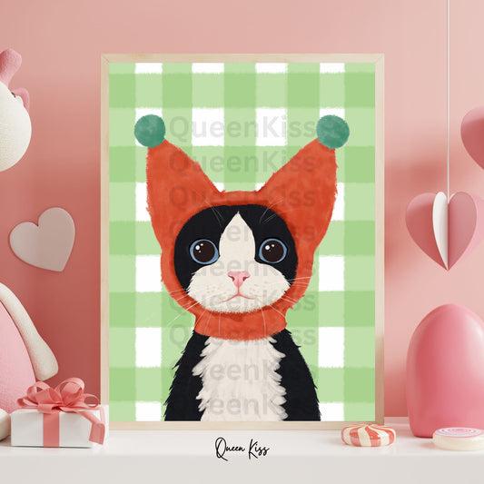 Whimsical Cute Tuxedo Cat Wall Art, Whimsical Digital Download, Cozy Kitty Wall Decor, Instant Printable Illustration Modern Home -Meowville