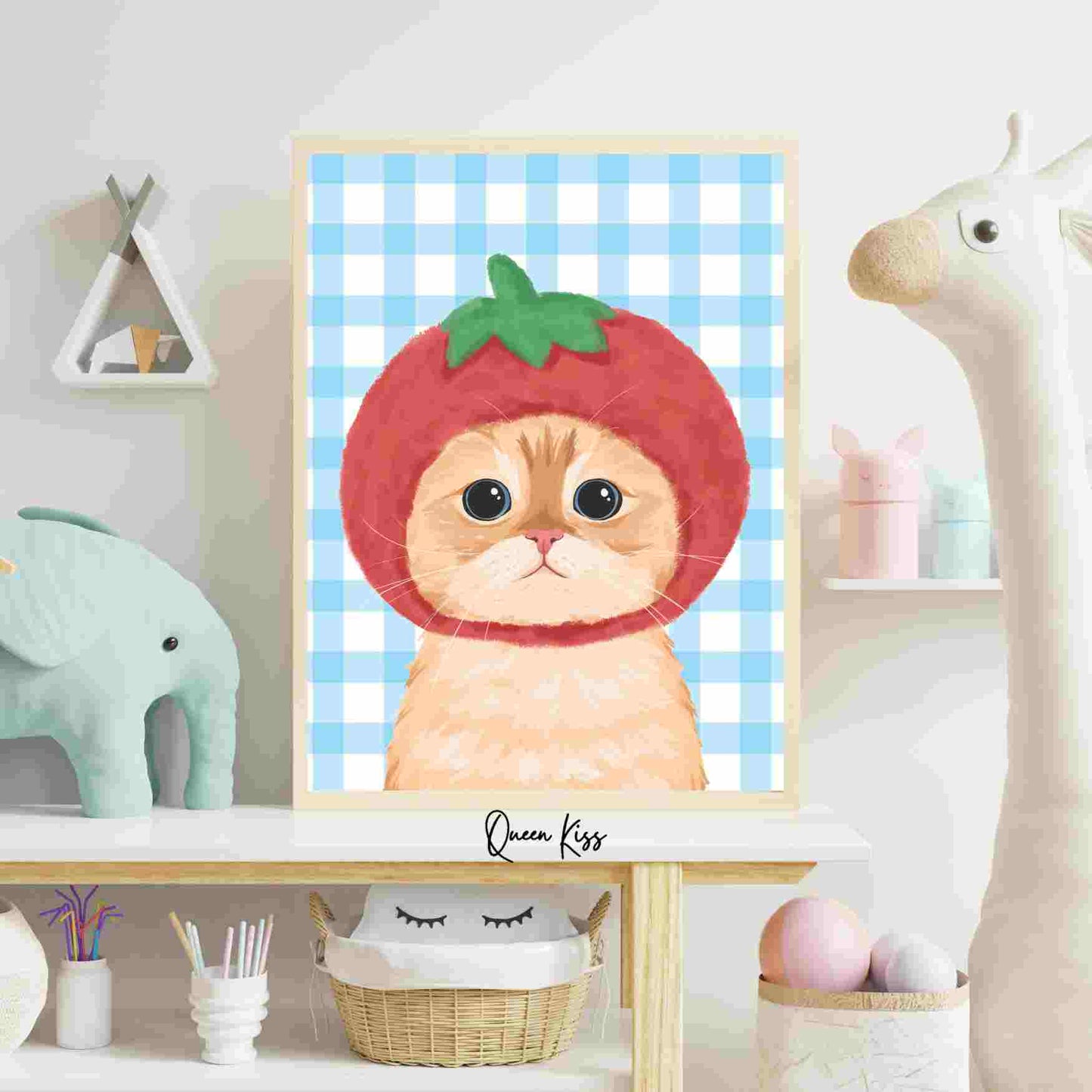 Whimsical Cute Tomato Cat Art, Whimsical Digital Download, Cozy Kitty Wall Decor, Instant Printable Illustration Modern Home -Meowville