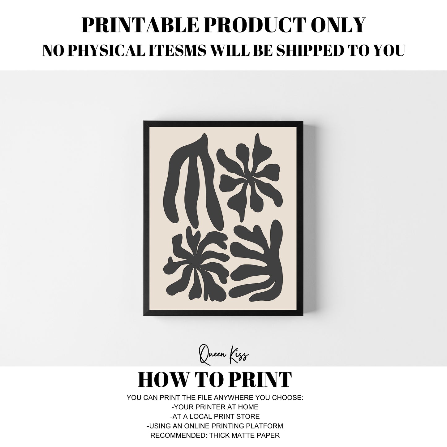 Abstract Black Beige Botanical Blossoms Wall Art, Minimalist Instant Printable Poster, Modern Home Aesthetic Decor, Boho Nature Inspired Art
