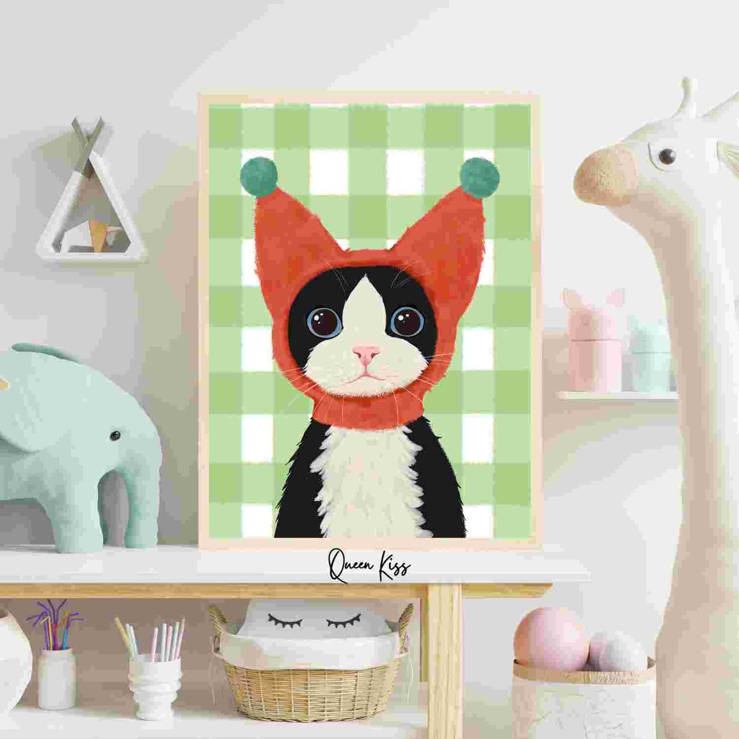 Whimsical Cute Tuxedo Cat Wall Art, Whimsical Digital Download, Cozy Kitty Wall Decor, Instant Printable Illustration Modern Home -Meowville