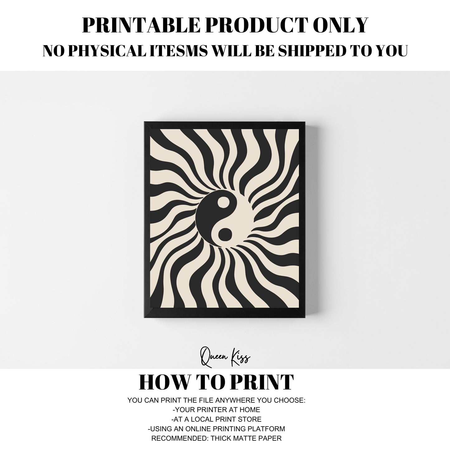 Abstract Black Beige Yin Yan Retro Wall Art, Minimalist Instant Printable Poster Art, Modern Home Aesthetic Decor, Boho Nature Inspired Art