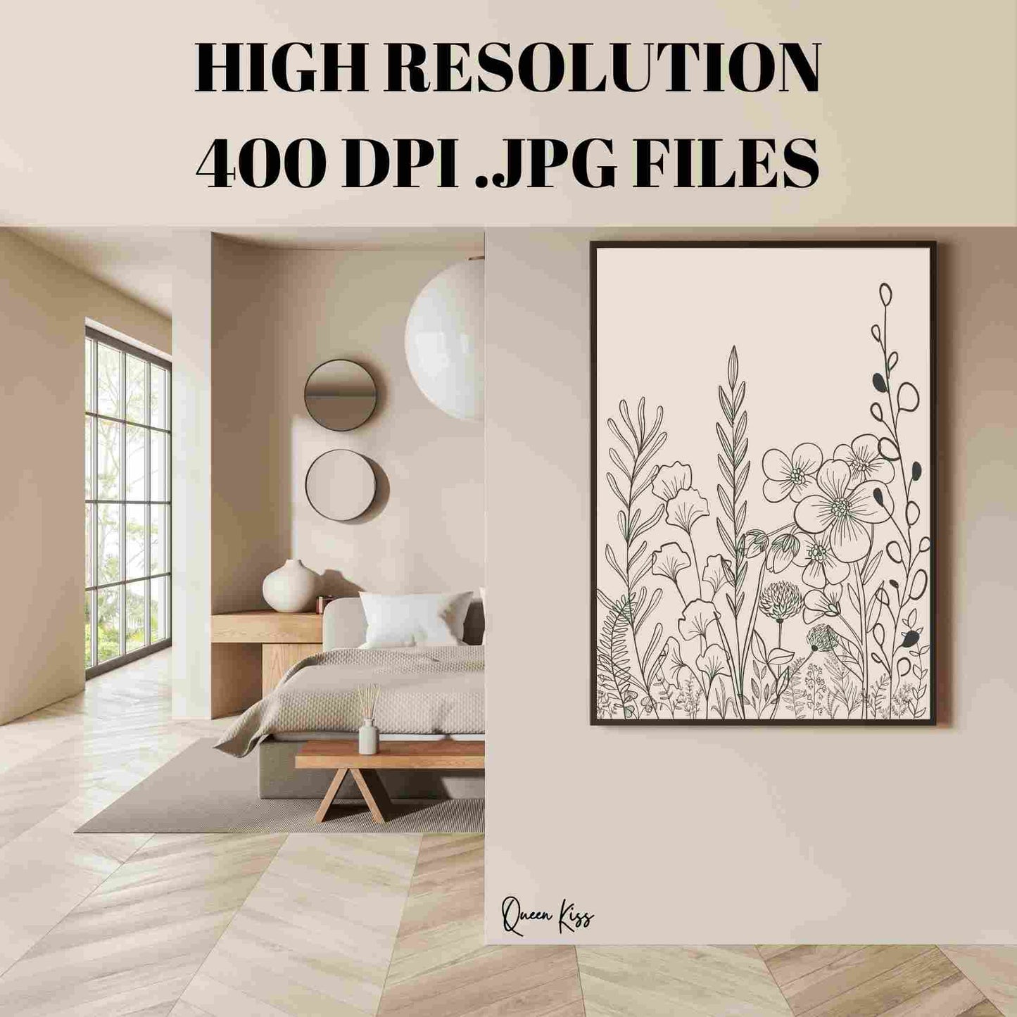 Botanical Black Beige Wildflower Line Art, Minimalist Instant Printable Poster, Modern Home Aesthetic Decor, Boho Nature Inspired Art