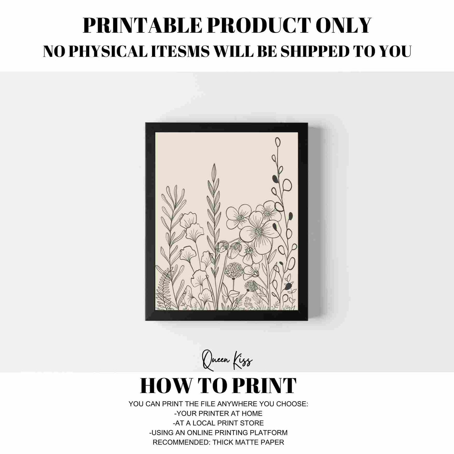 Botanical Black Beige Wildflower Line Art, Minimalist Instant Printable Poster, Modern Home Aesthetic Decor, Boho Nature Inspired Art