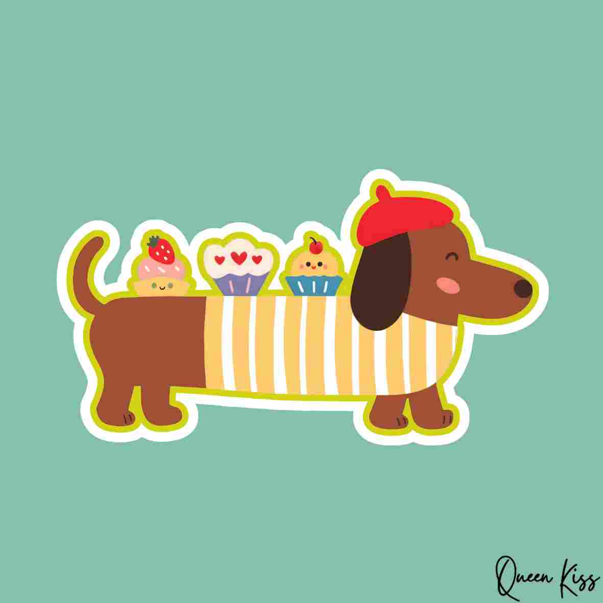 Cute Dachshund and cup cakes Sticker, Waterproof Glossy Sticker, Vinyl Sticker, Laptop Phone Notebook Mug Sticker -- Yum