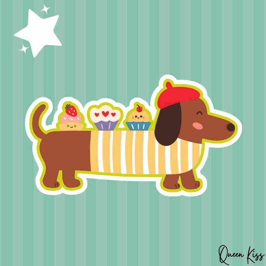 Cute Dachshund and cup cakes Sticker, Waterproof Glossy Sticker, Vinyl Sticker, Laptop Phone Notebook Mug Sticker -- Yum