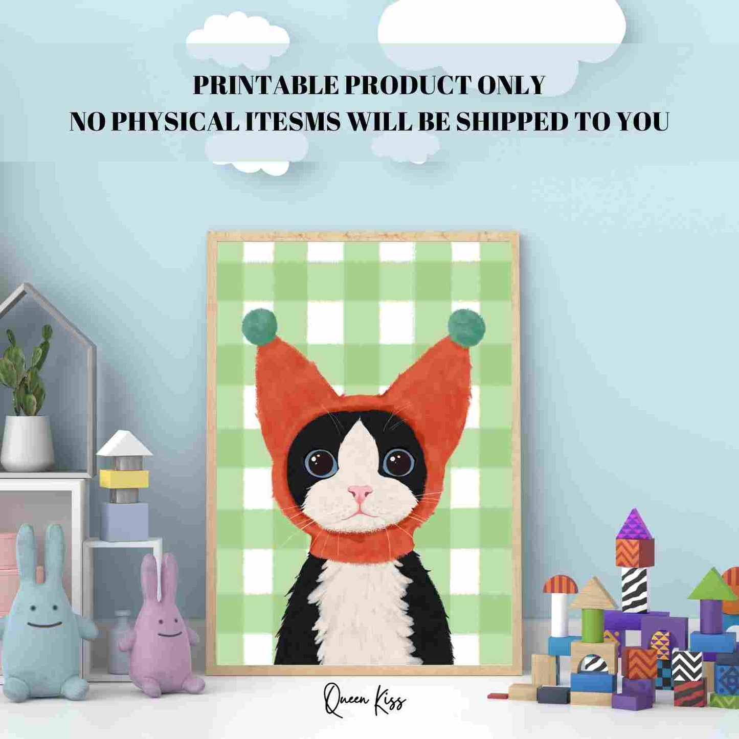 Whimsical Cute Tuxedo Cat Wall Art, Whimsical Digital Download, Cozy Kitty Wall Decor, Instant Printable Illustration Modern Home -Meowville