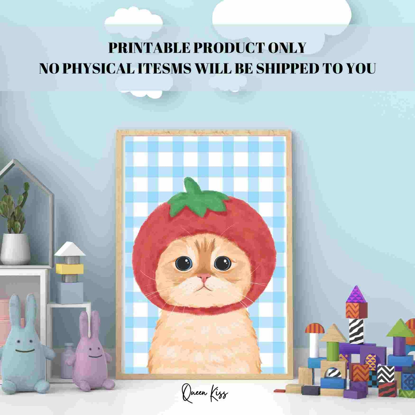 Whimsical Cute Tomato Cat Art, Whimsical Digital Download, Cozy Kitty Wall Decor, Instant Printable Illustration Modern Home -Meowville