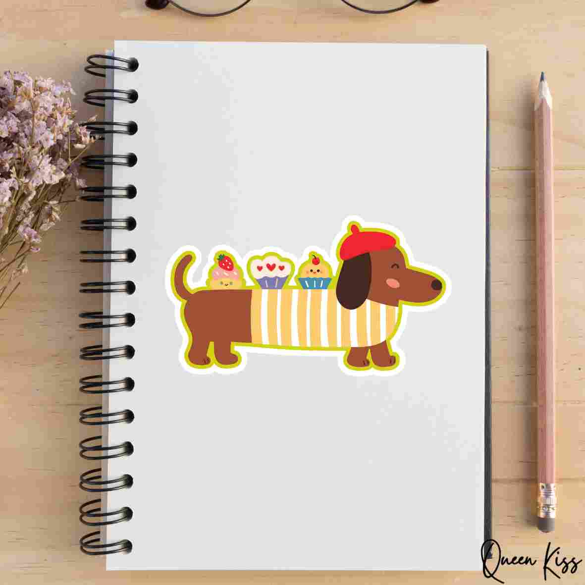 Cute Dachshund and cup cakes Sticker, Waterproof Glossy Sticker, Vinyl Sticker, Laptop Phone Notebook Mug Sticker -- Yum