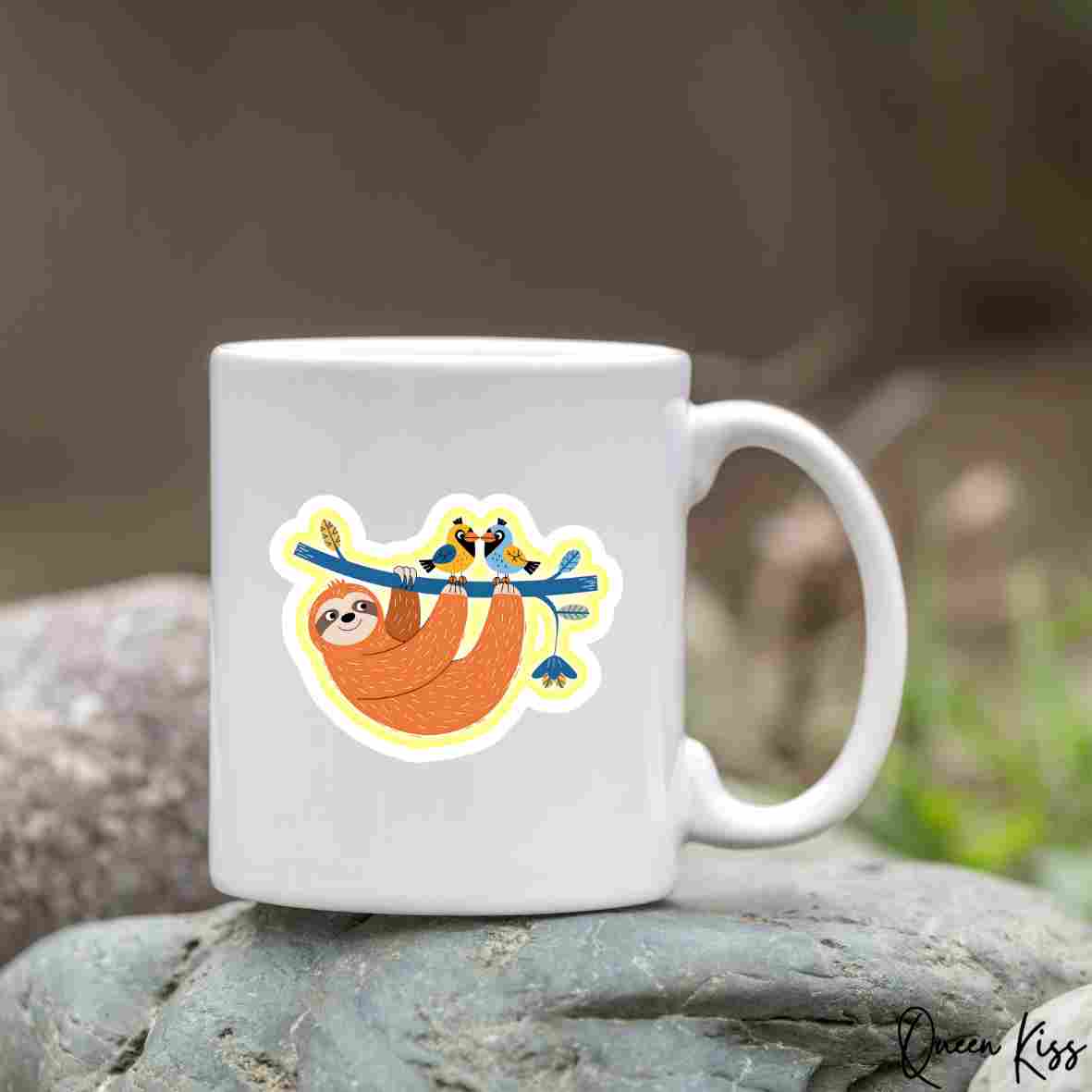 Cute Sloth and two birds Sticker, Waterproof Glossy Sticker, Vinyl Sticker, Laptop Phone Notebook Mug Sticker -- Best buddies