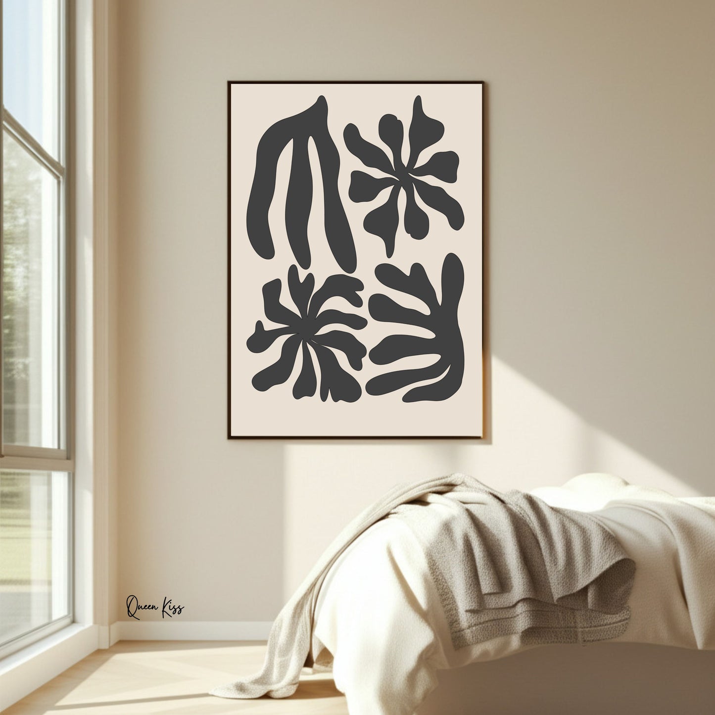 Abstract Black Beige Botanical Blossoms Wall Art, Minimalist Instant Printable Poster, Modern Home Aesthetic Decor, Boho Nature Inspired Art