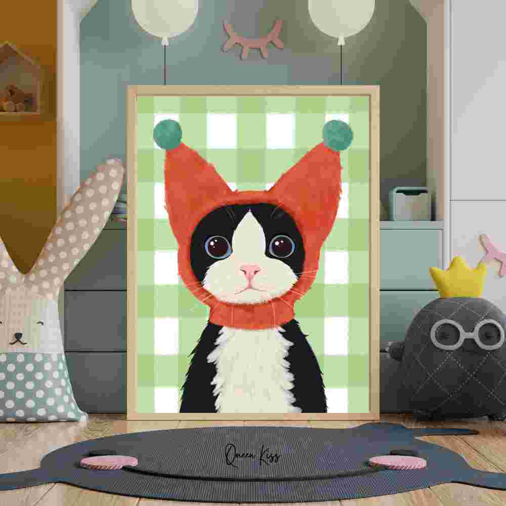 Whimsical Cute Tuxedo Cat Wall Art, Whimsical Digital Download, Cozy Kitty Wall Decor, Instant Printable Illustration Modern Home -Meowville