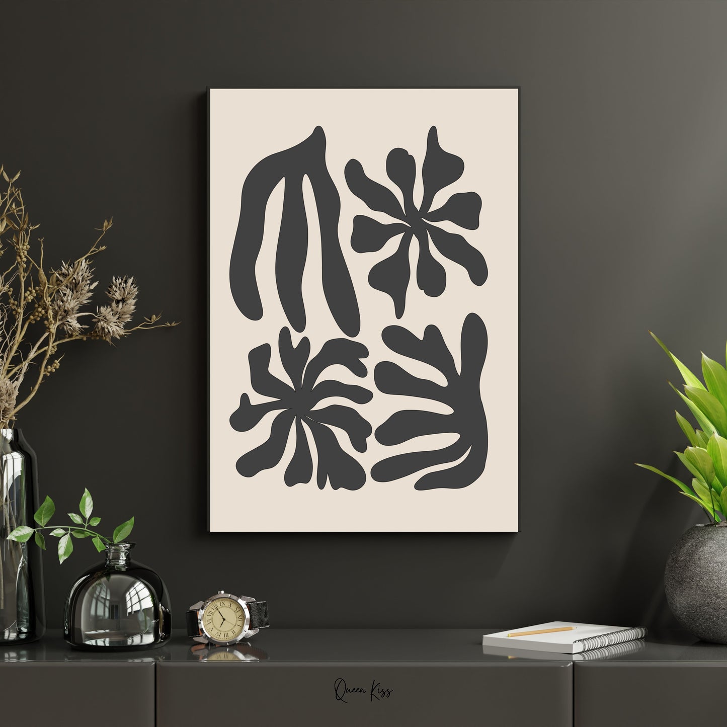 Abstract Black Beige Botanical Blossoms Wall Art, Minimalist Instant Printable Poster, Modern Home Aesthetic Decor, Boho Nature Inspired Art