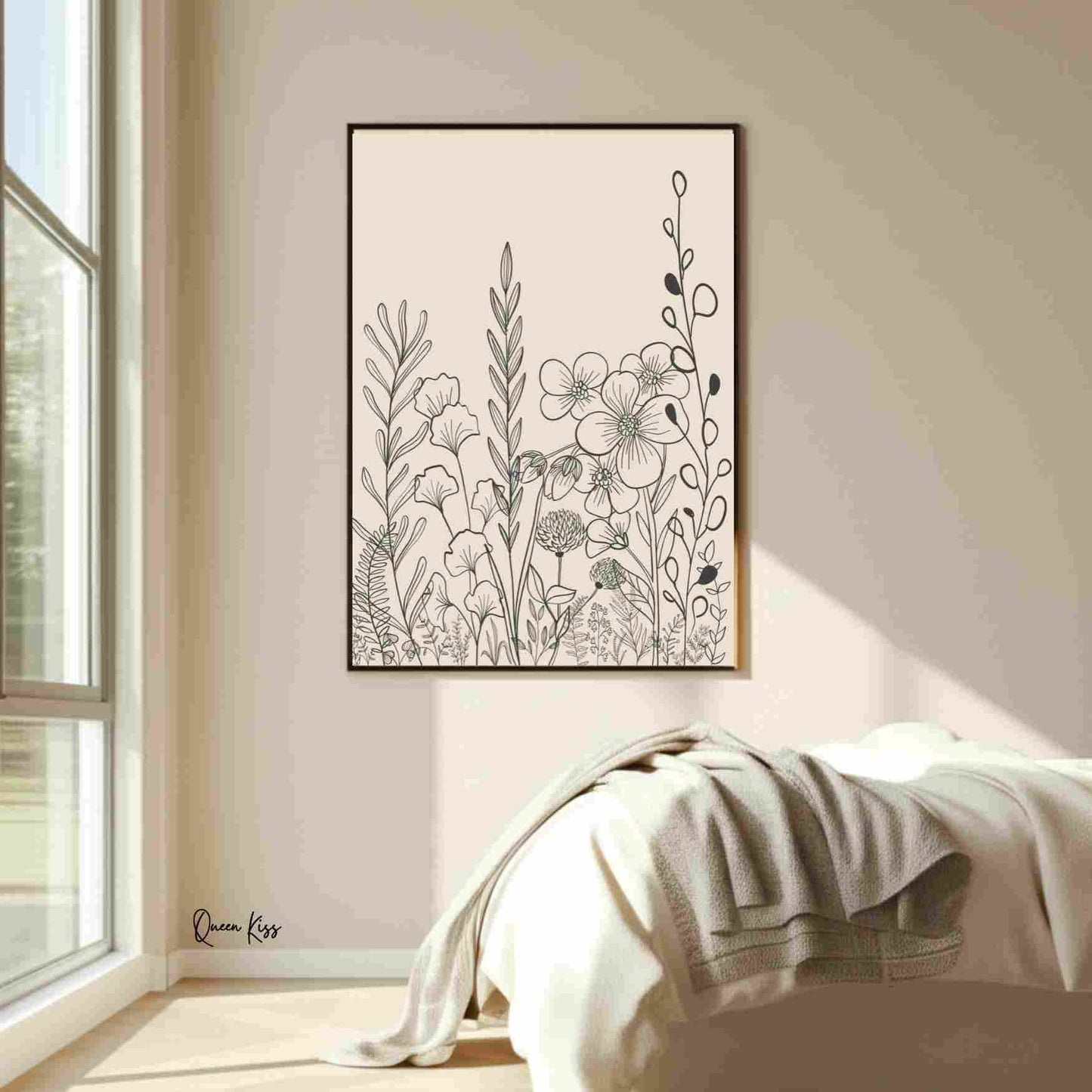 Botanical Black Beige Wildflower Line Art, Minimalist Instant Printable Poster, Modern Home Aesthetic Decor, Boho Nature Inspired Art